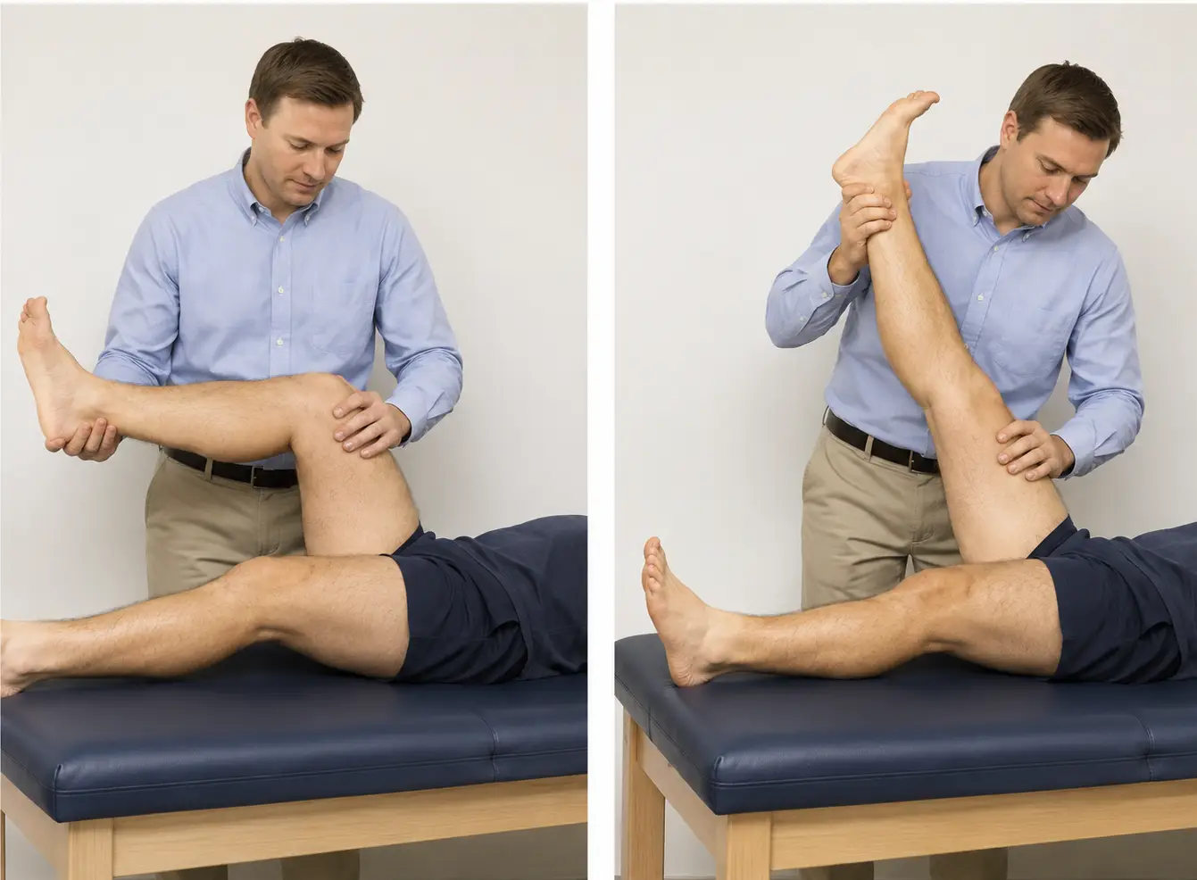 Clinician performing the Noble compression test on a patient’s knee while applying pressure to the outer leg.