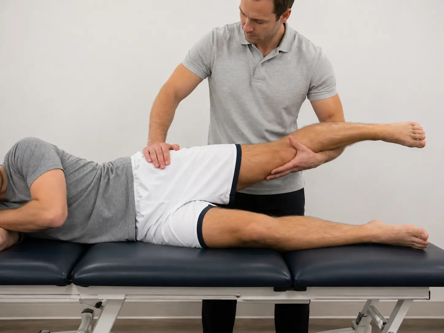 Ober's test with the patient side-lying and the top leg passively abducted, extended, and lowered to assess iliotibial band tightness.