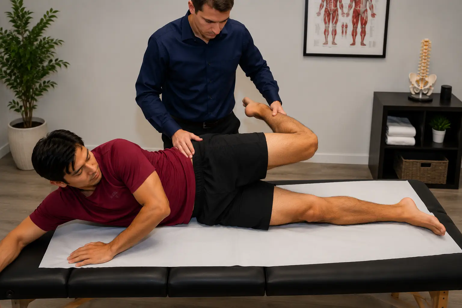 Ober's test with the patient side-lying and the top leg passively abducted, extended, and lowered to assess iliotibial band tightness.