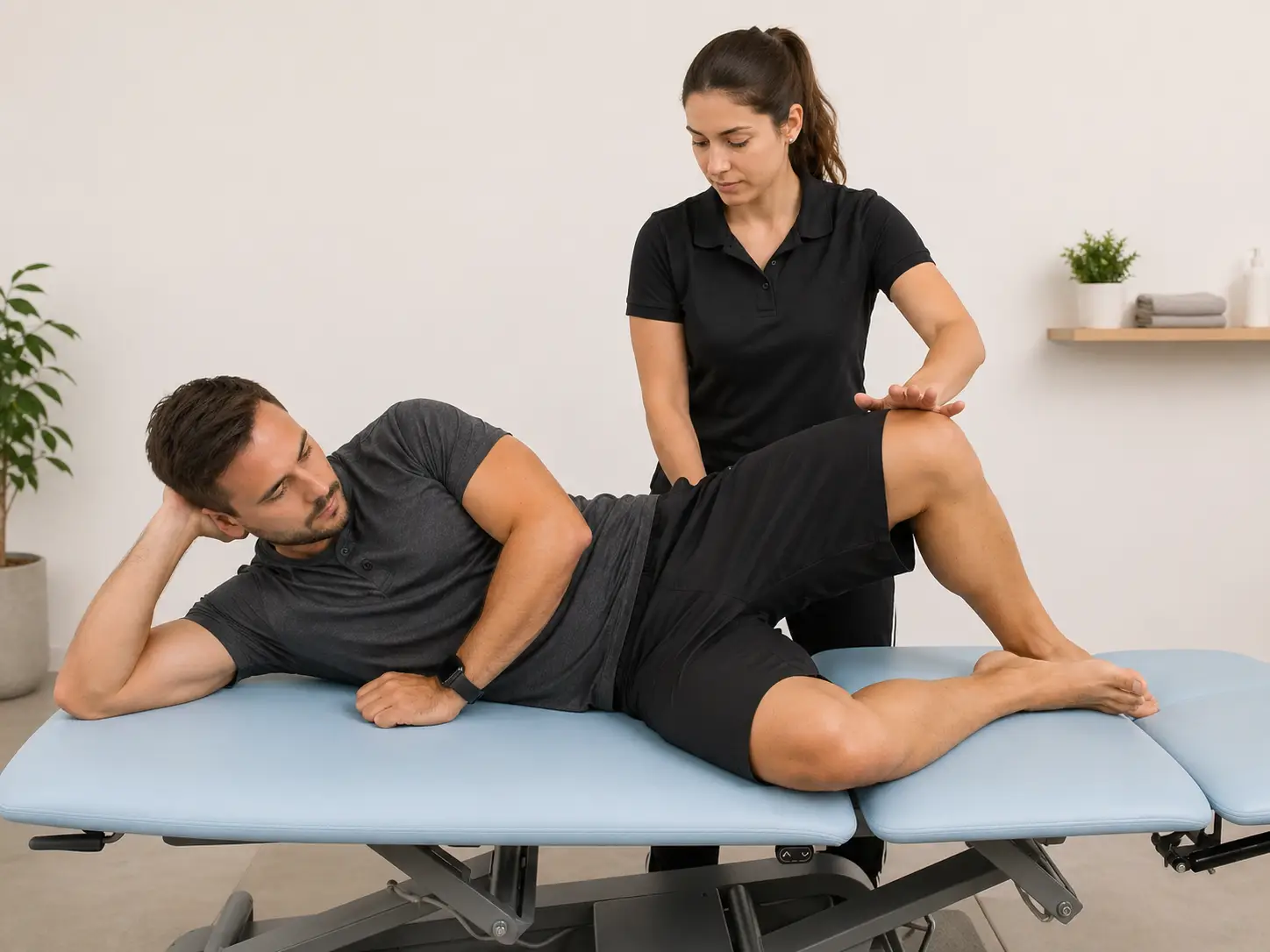 Piriformis test with the patient side-lying and the hip flexed, adducted, and internally rotated to stretch and assess the piriformis muscle.