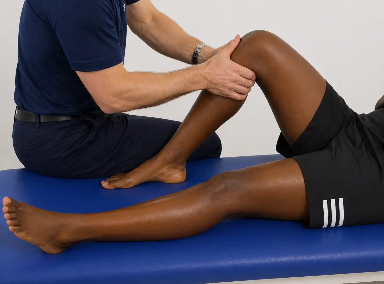 Posterior drawer test of the knee with the knee flexed to 90 degrees and the tibia pushed posteriorly to assess PCL integrity.