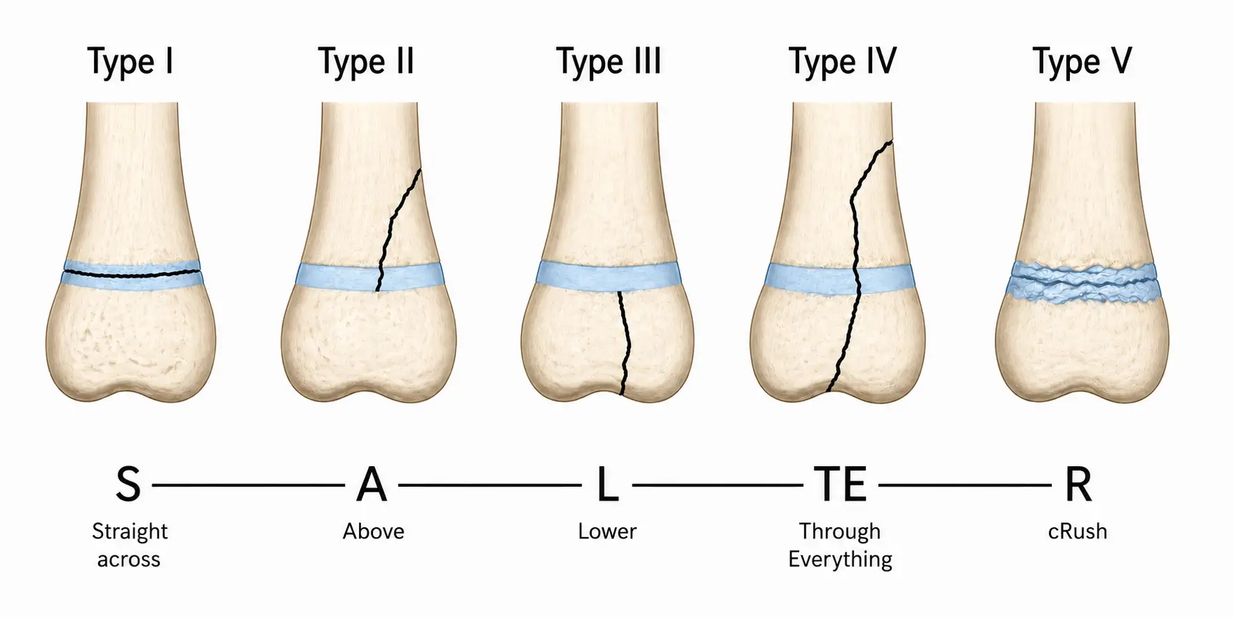 Five Salter-Harris classification types of pediatric growth plate fractures.