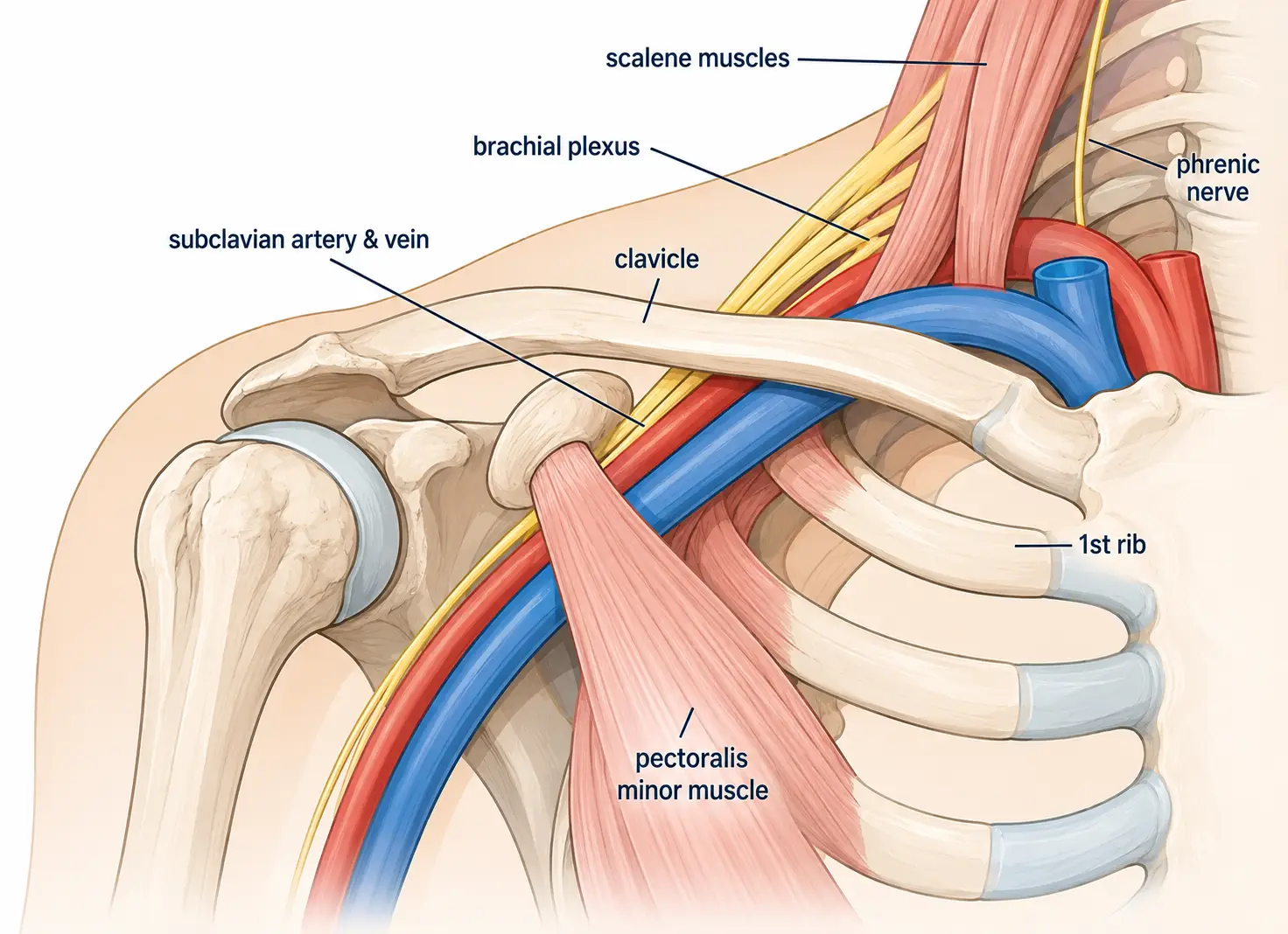 Labeled diagram of the thoracic outlet showing the clavicle, first rib, brachial plexus, subclavian vessels, and surrounding muscles.