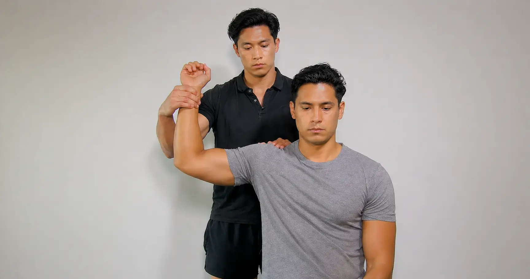Wright's test for thoracic outlet syndrome with the arm hyperabducted and externally rotated overhead.