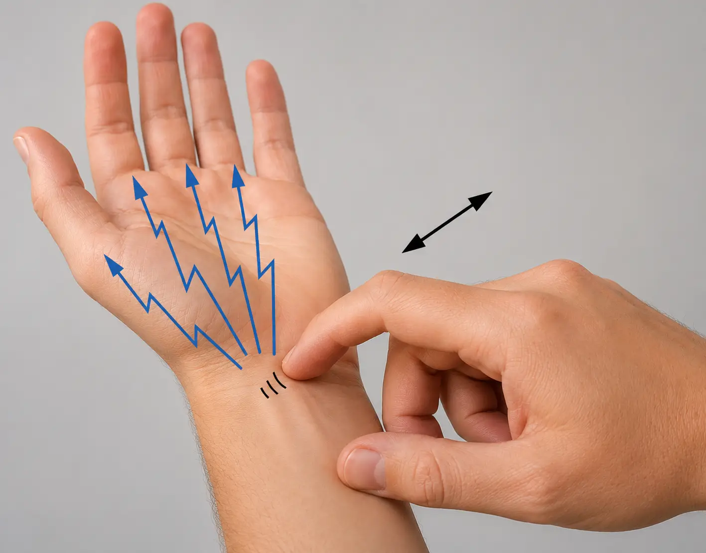 Hand demonstrates median nerve gliding with directional arrows.