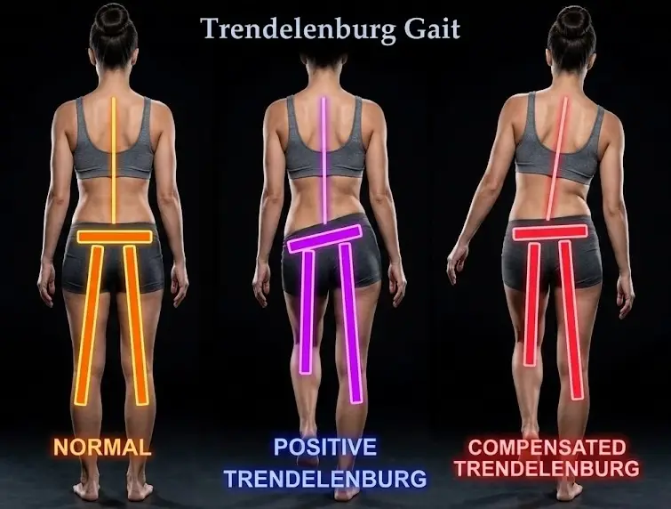 Three examples of Trendelenburg gait showing normal, positive, and compensated walking positions.