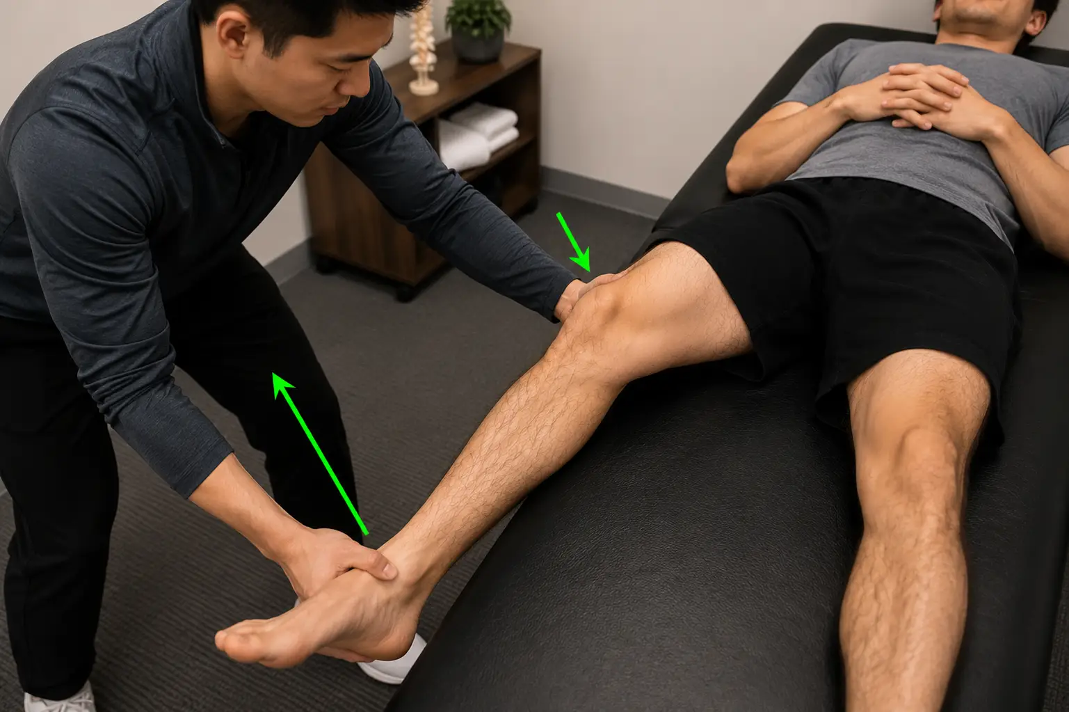 Valgus stress test being performed on a patient’s knee to assess medial ligament stability.