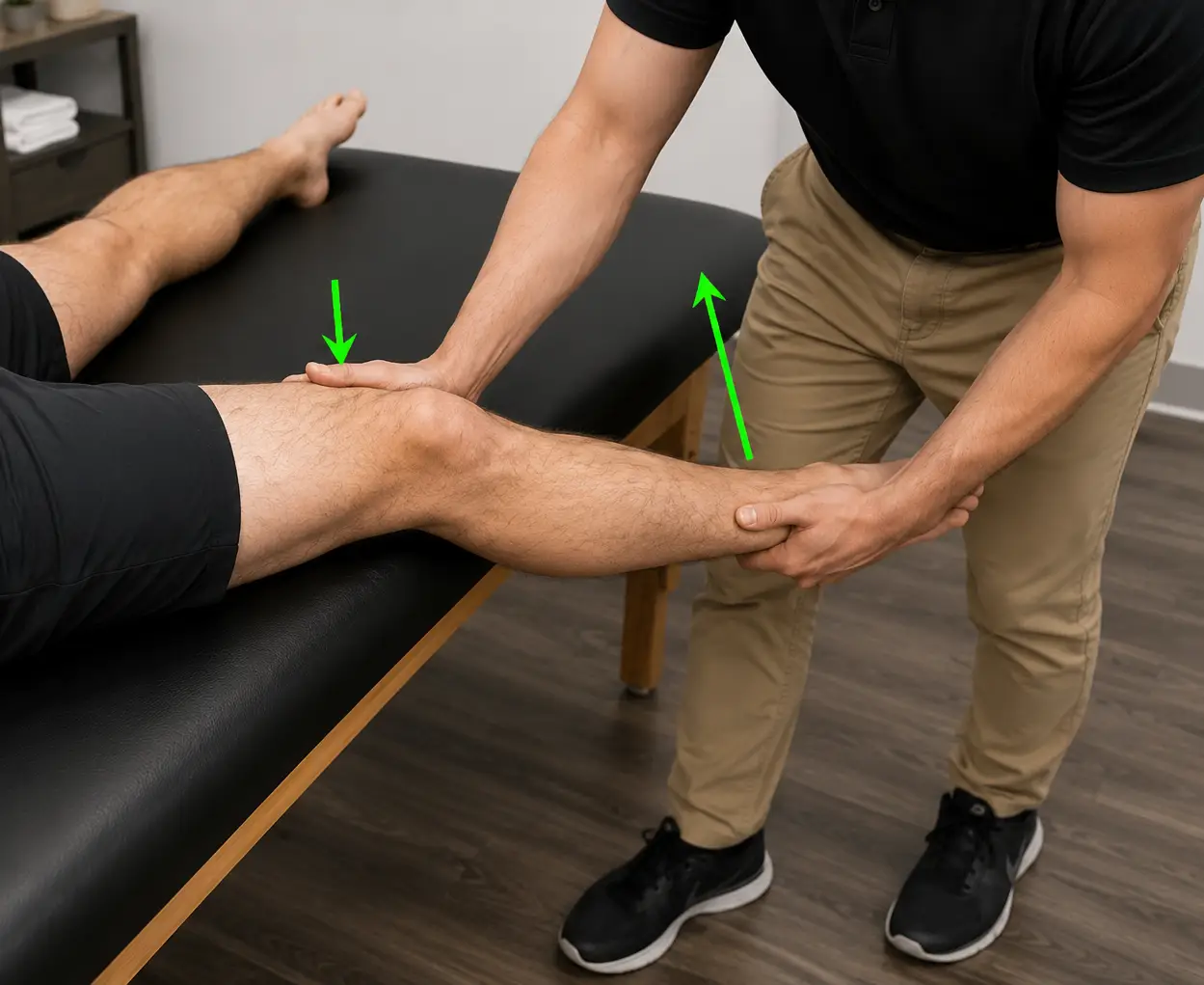 Clinician performing a varus stress test on a patient’s knee while stabilizing the leg.