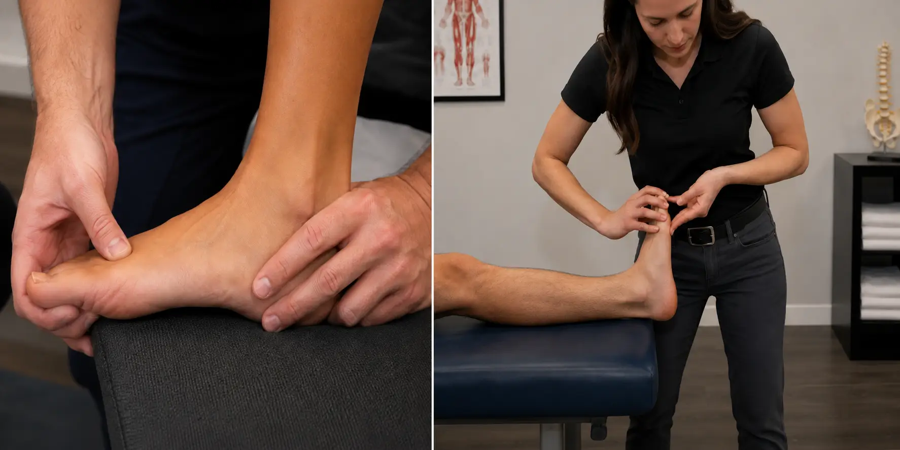 Windlass test with passive dorsiflexion of the great toe to assess plantar fasciitis.