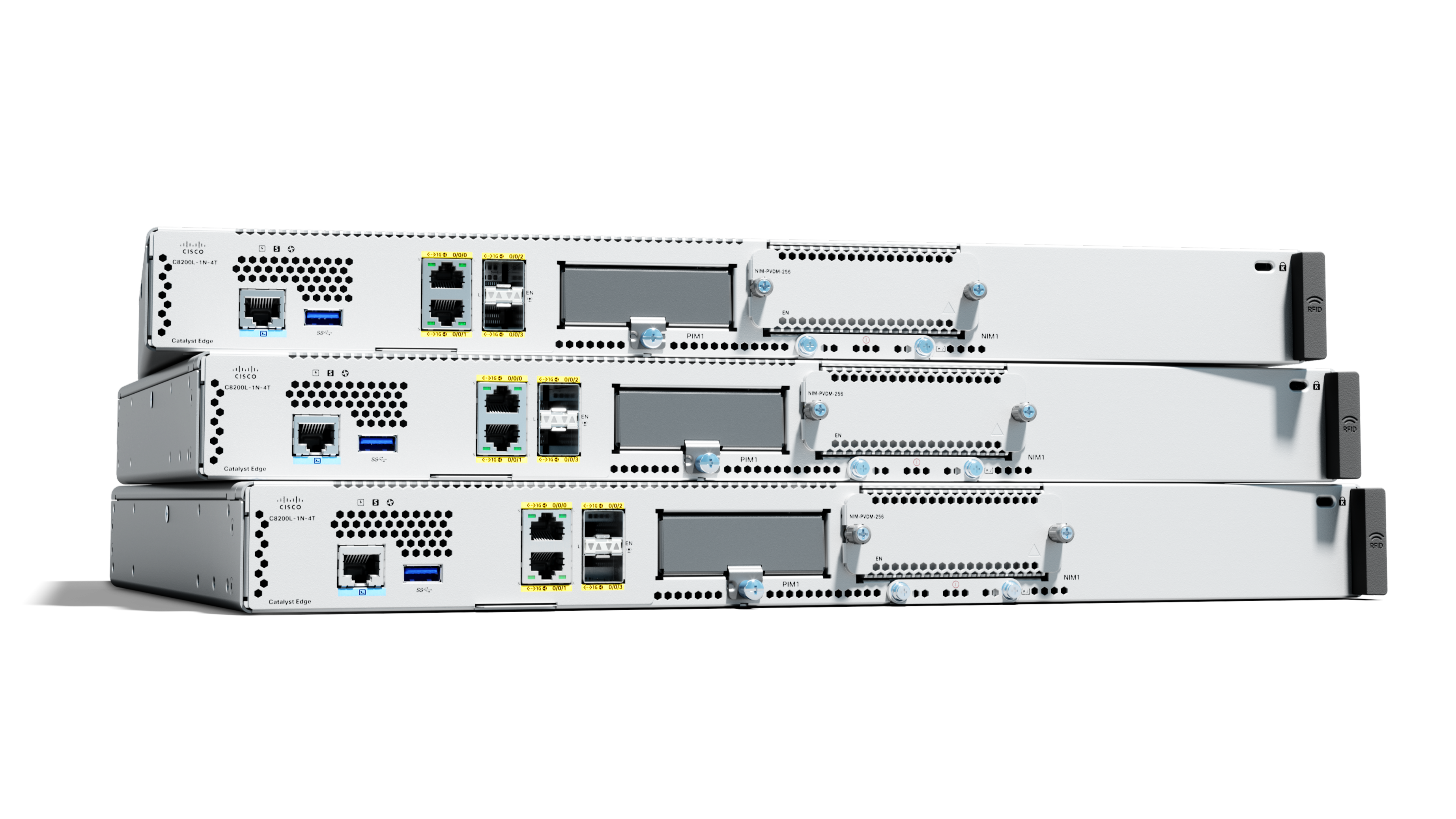 Three Cisco routers stacked vertically