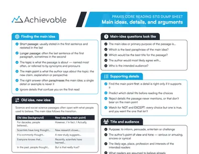 Praxis Core: Reading Dump Sheet - Main ideas, details, and arguments