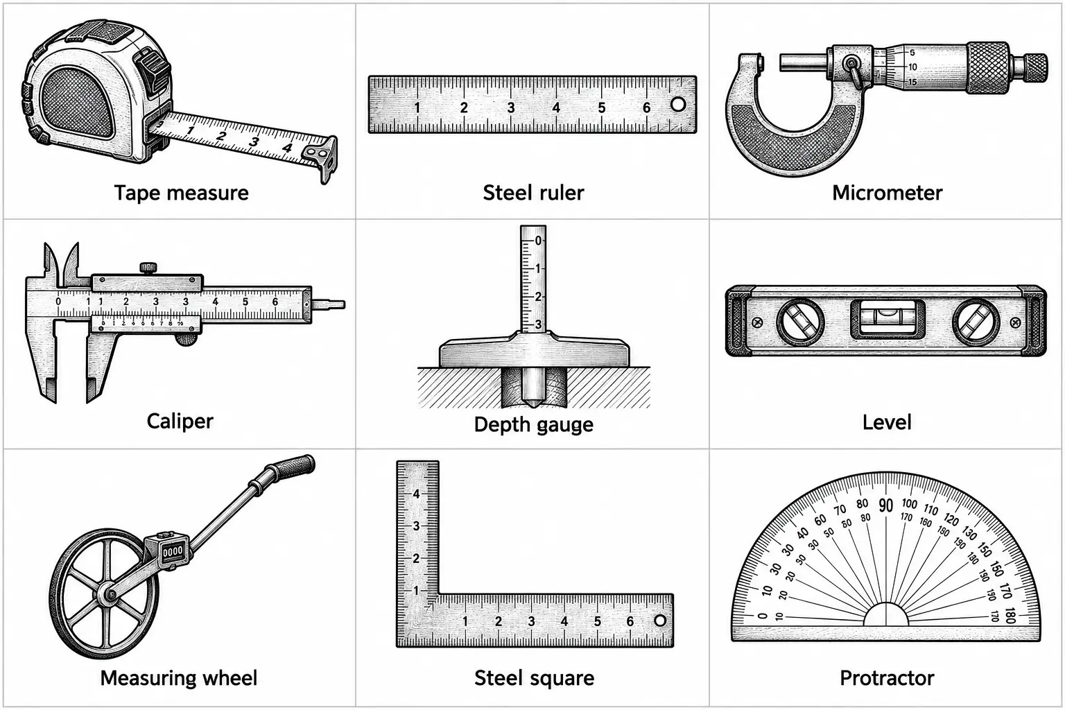 Nine labeled measuring tools: tape measure, steel ruler, micrometer, caliper, depth gauge, level with two bubble vials, measuring wheel with counter, L-shaped steel square, and a 180-degree protractor marked in 10-degree increments.