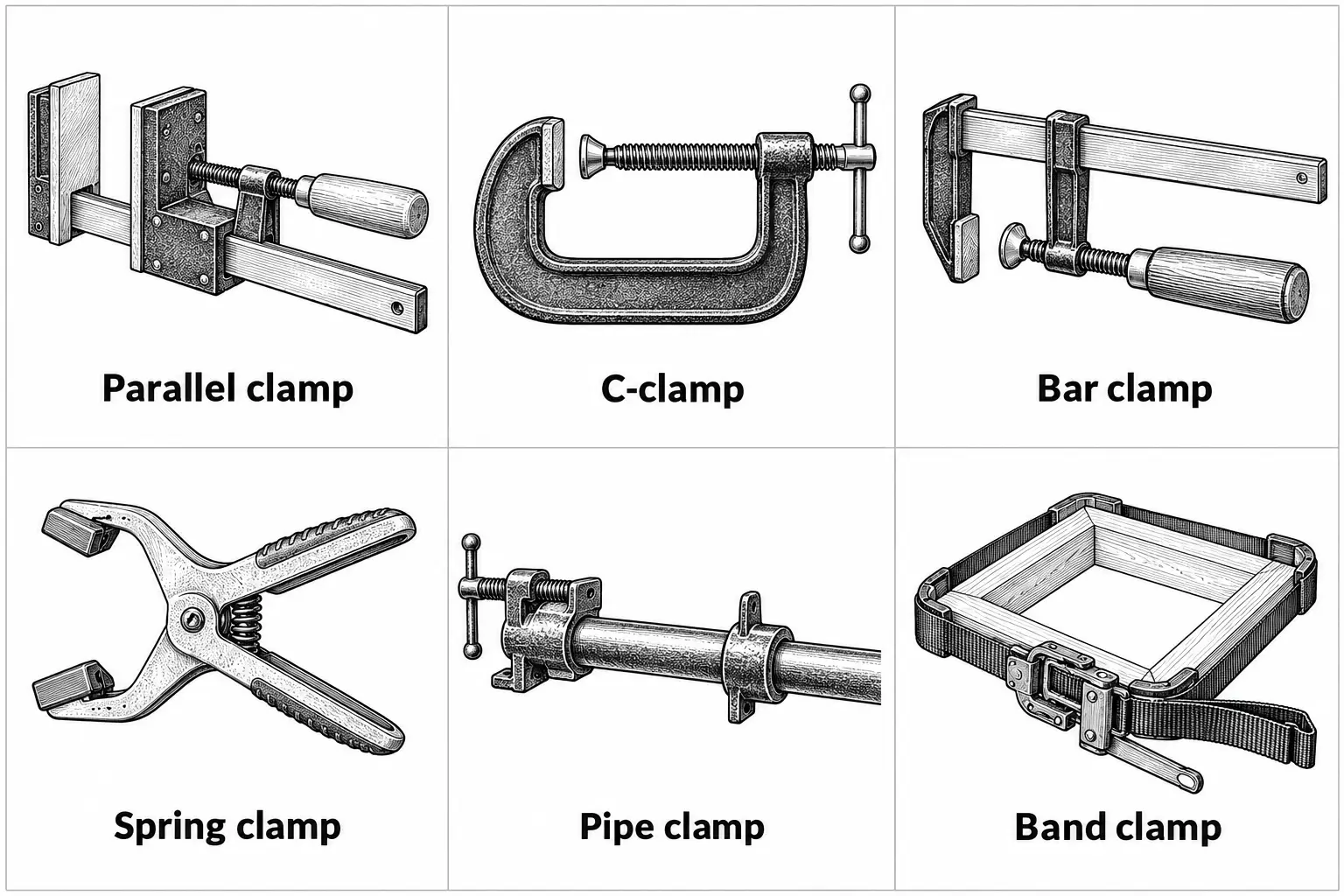 Six clamp types illustrated: parallel clamp with dual screw jaws, C-clamp with screw and swivel pad, bar clamp with sliding jaw on a rail, spring clamp with pliers-like squeeze action, pipe clamp mounted on a rod with adjustable jaws, and band clamp using a strap around a square frame.
