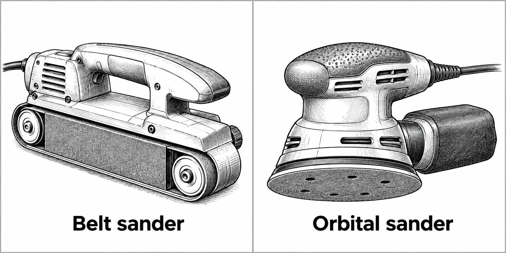 Two power sanders side by side: a belt sander with a continuous abrasive loop around two rollers, and an orbital sander with a round perforated pad and a dust collection bag attached.