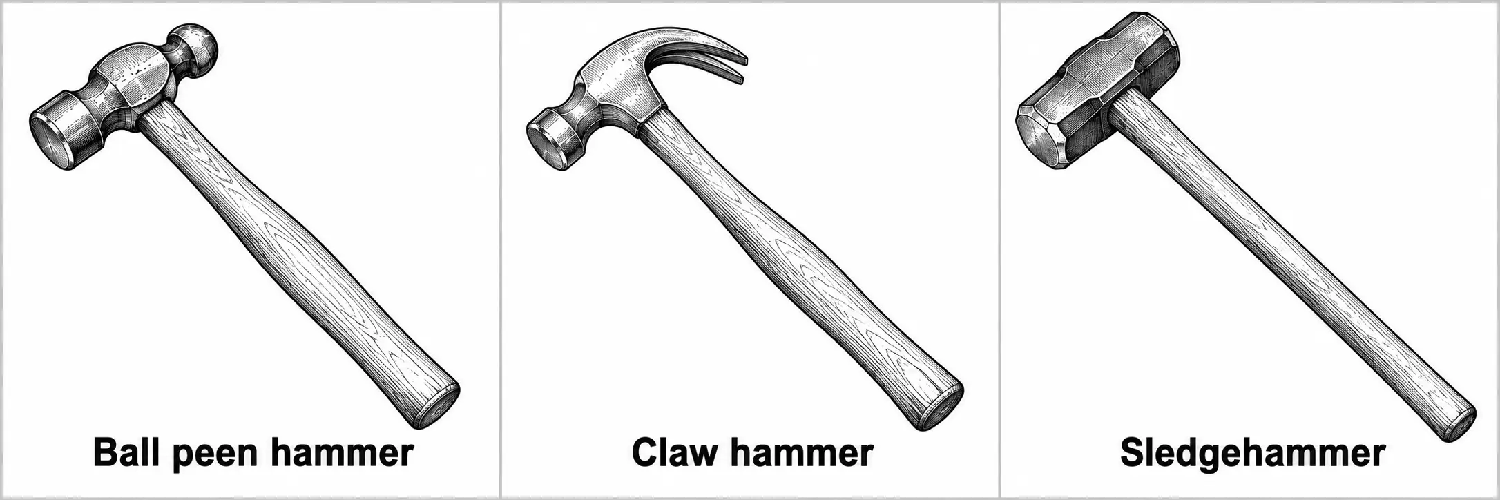 Three hammer types with wooden handles: a ball peen hammer with a round head opposite a flat face, a claw hammer with a flat striking face opposite a curved nail-pulling claw, and a sledgehammer with a large heavy double-flat head.