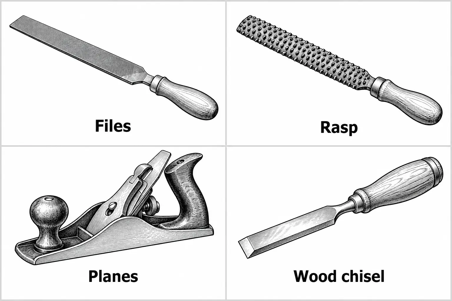 Four hand tools with wooden handles: a flat file with fine ridged teeth, a rasp with coarse raised bumps for rough shaping, a block plane with a rounded front knob and rear handle for shaving wood surfaces, and a flat-bladed wood chisel for cutting and carving.