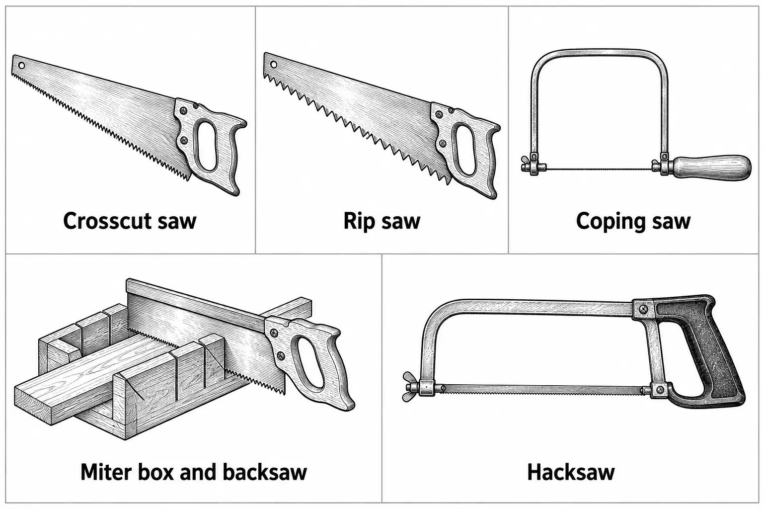 Five hand saws for cutting wood or metal: a crosscut saw and rip saw, each with a wide toothed blade and wooden pistol-grip handle; a coping saw with a thin blade in a deep U-shaped frame; a backsaw fitted in a miter box for angled cuts; and a hacksaw with a narrow blade in a rigid frame and pistol grip.