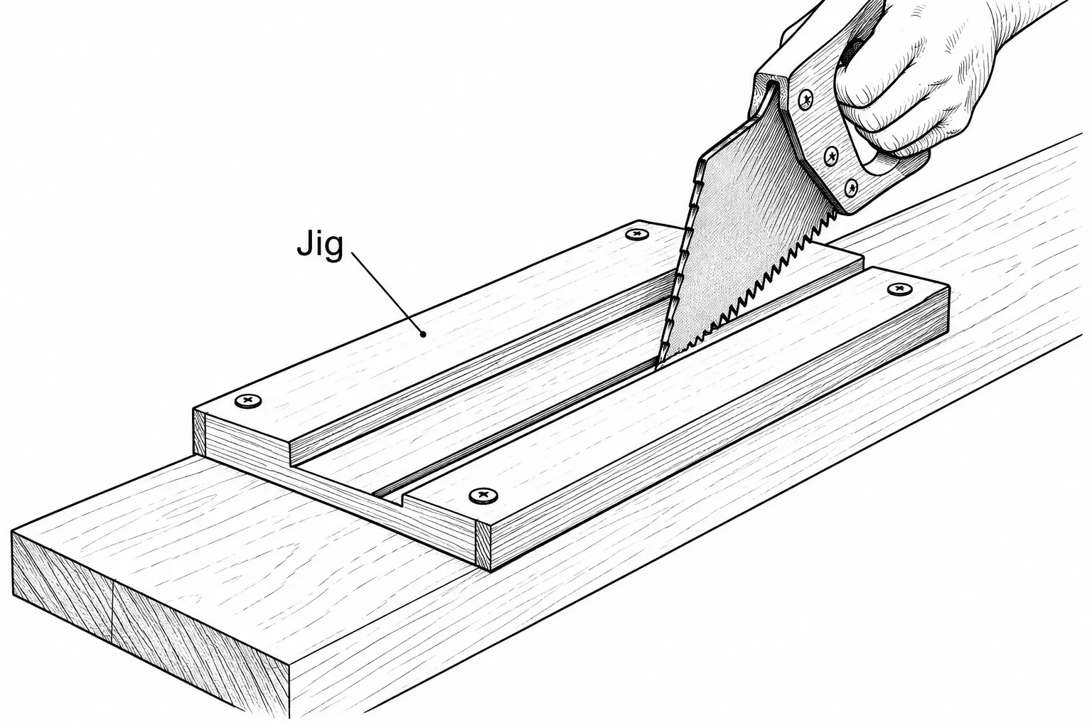 A hand saw cuts straight down through a board guided by a wooden jig, a slotted block screwed atop the workpiece that keeps the blade square while cutting.