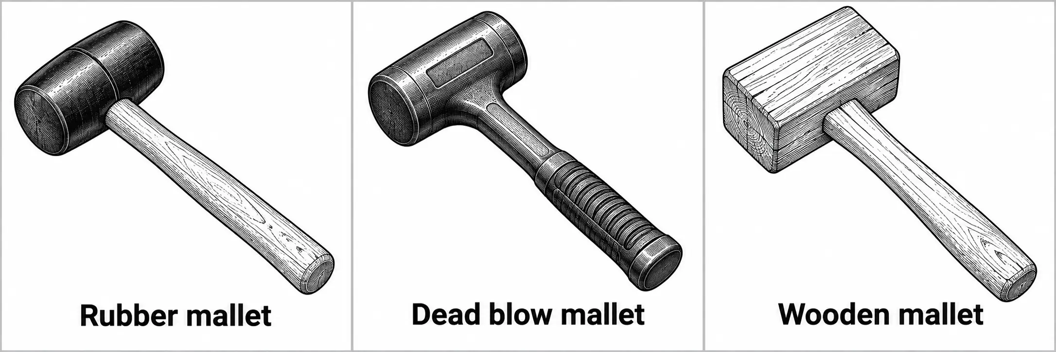 Three mallet types with a wooden handle: rubber mallet with a solid cylindrical rubber head, dead blow mallet with a metal-looking head and ribbed grip, and wooden mallet with a rectangular wood block head.