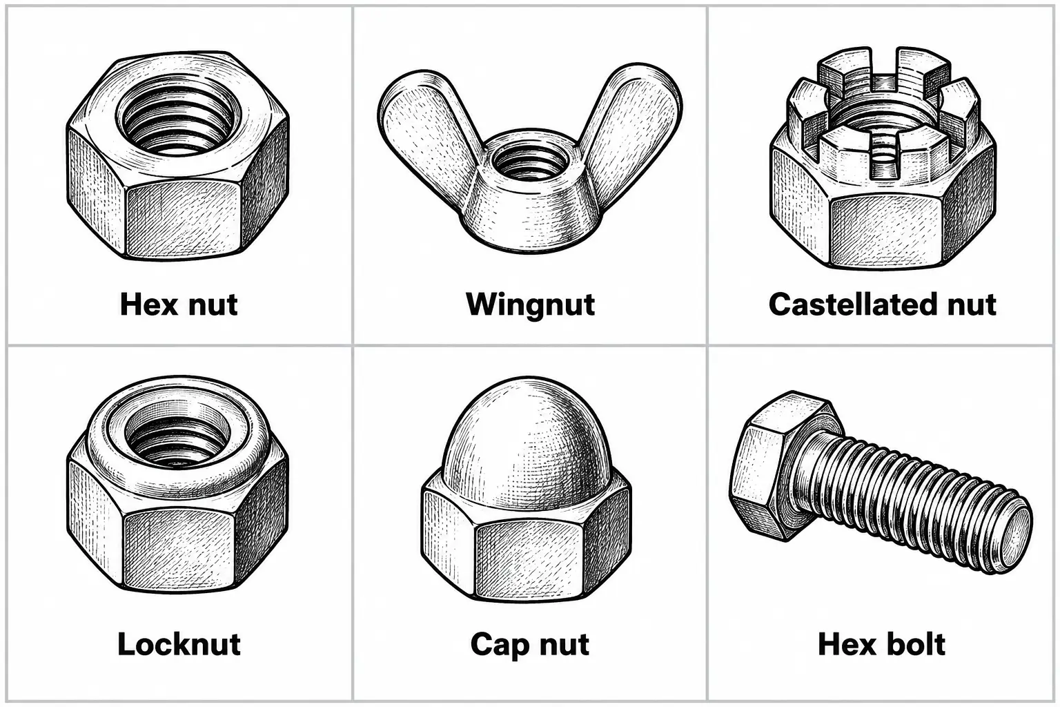 Six fastener types illustrated: a hex nut with plain six-sided shape, a wingnut with two flared handles for finger tightening, a castellated nut with slotted top for a locking pin, a locknut with a nylon insert ring, a domed cap nut that covers the bolt end, and a hex bolt with a threaded shaft and hexagonal head.