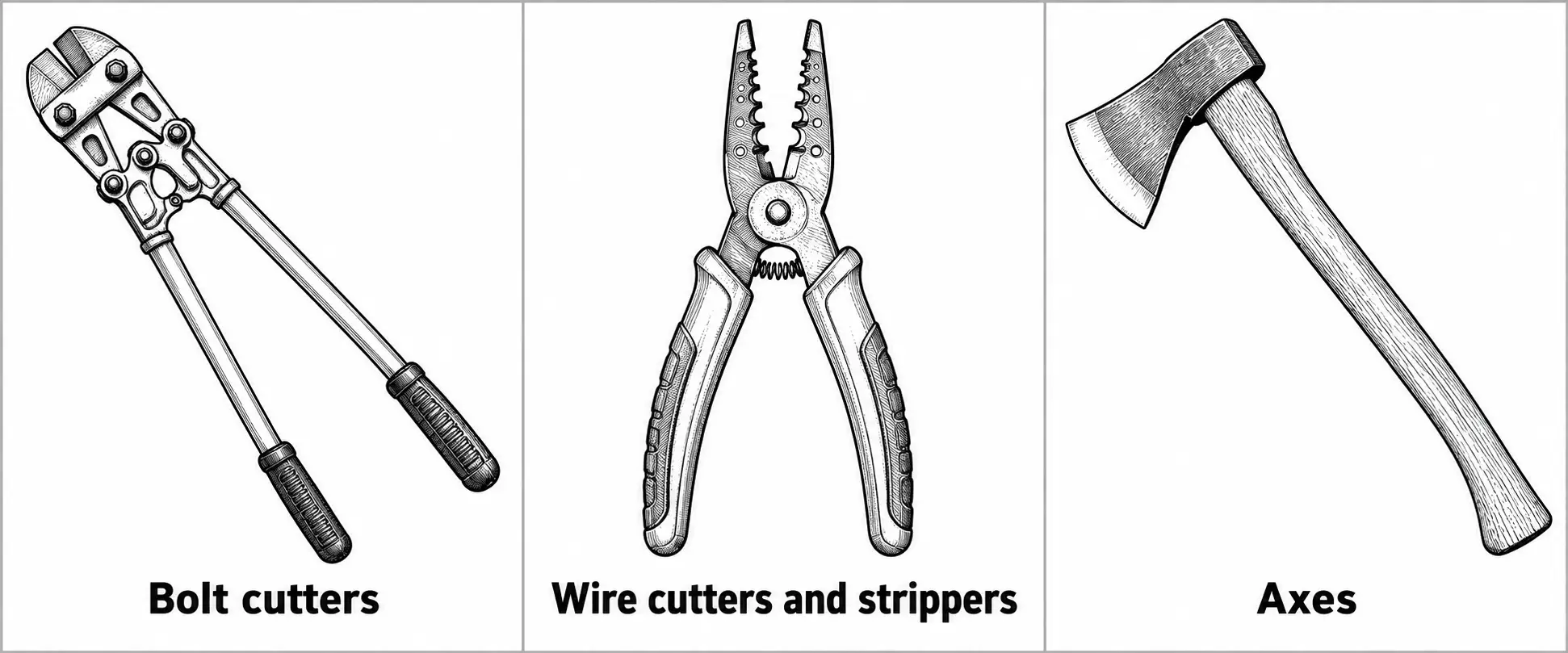 Three cutting tools illustrated side by side: long-handled bolt cutters, a pair of wire cutters and strippers with a notched jaw, and an axe with a wide blade and long wooden handle.