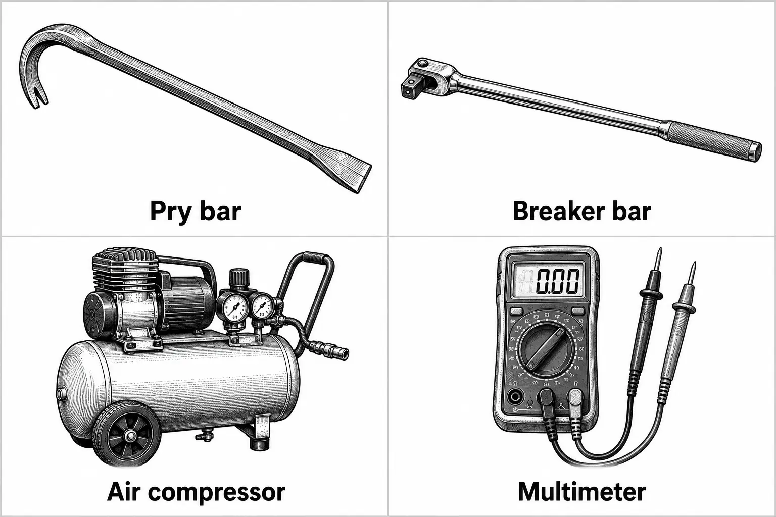Four labeled shop tools: a curved pry bar with flat wedge tip, a long breaker bar with square drive head, a wheeled two-gauge air compressor with tank and hose, and a digital multimeter with dial and two probes reading 0.00.