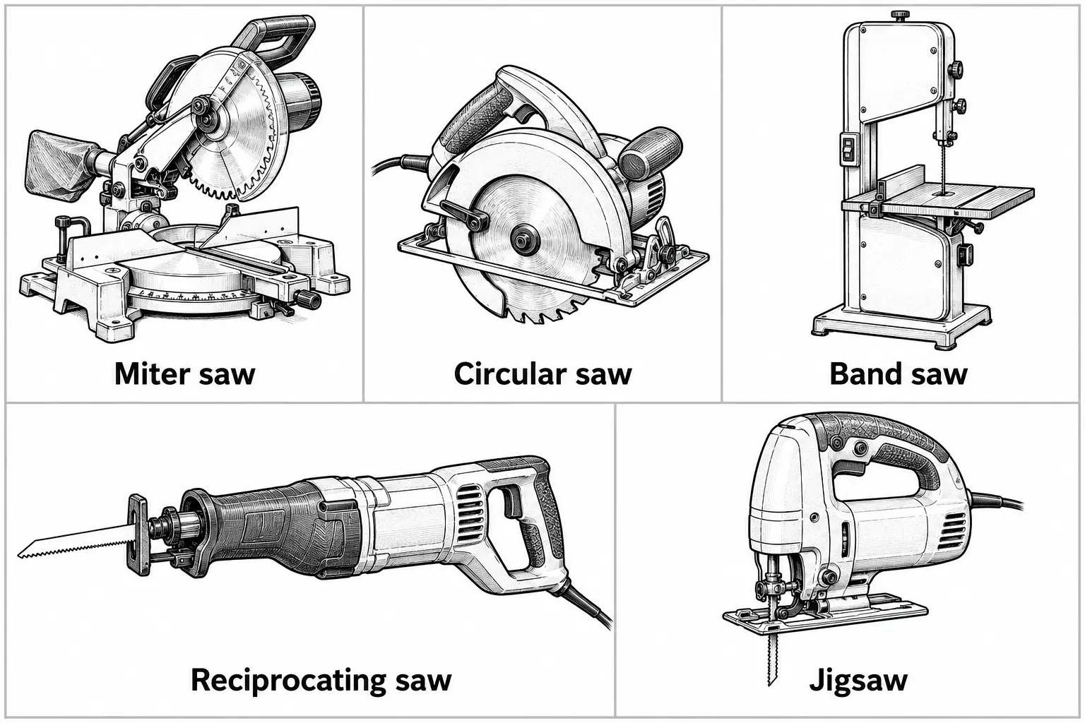 Five power saws illustrated: miter saw with a circular blade on a pivoting arm over an angled base, circular saw with a handheld guarded blade, band saw with a tall C-frame and continuous blade over a table, reciprocating saw with a straight in-line blade, and jigsaw with a small vertical blade on a flat footplate.