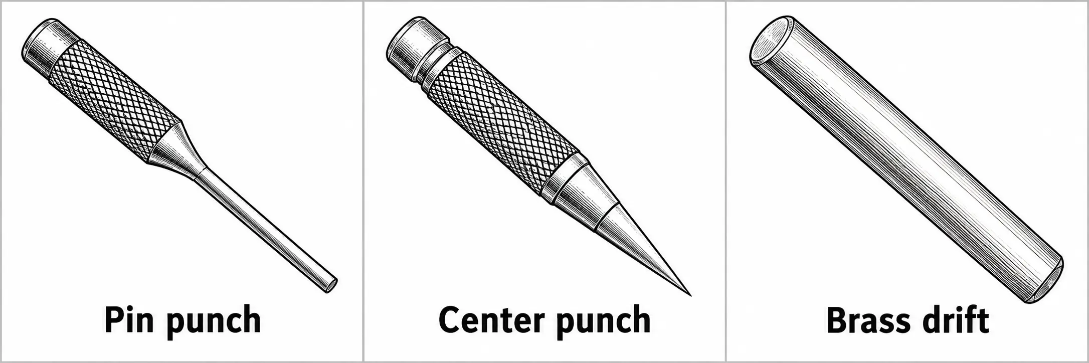 Three shop tools shown side by side: a pin punch with a thin flat tip, a center punch with a sharp cone-shaped tip, and a smooth cylindrical brass drift with a flat end.