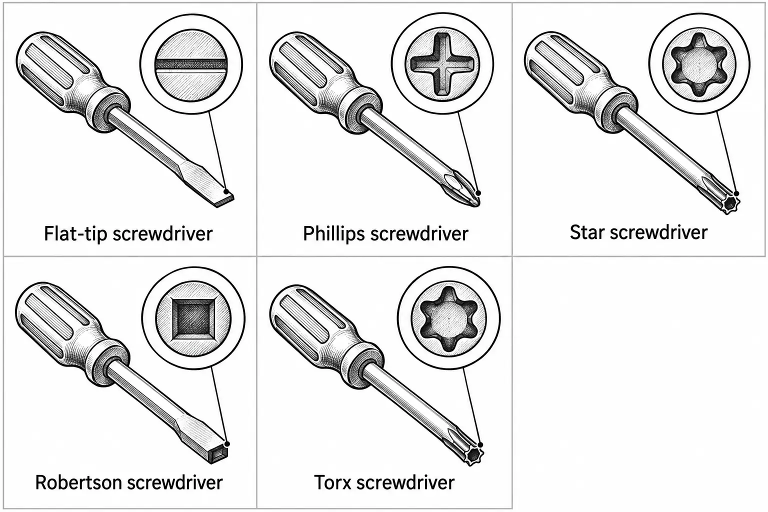 Five screwdriver types with matching tip shapes shown in circular close-ups: flat-tip has a single straight blade, Phillips has a cross, star and Torx both have six-pointed star shapes, and Robertson has a square tip.