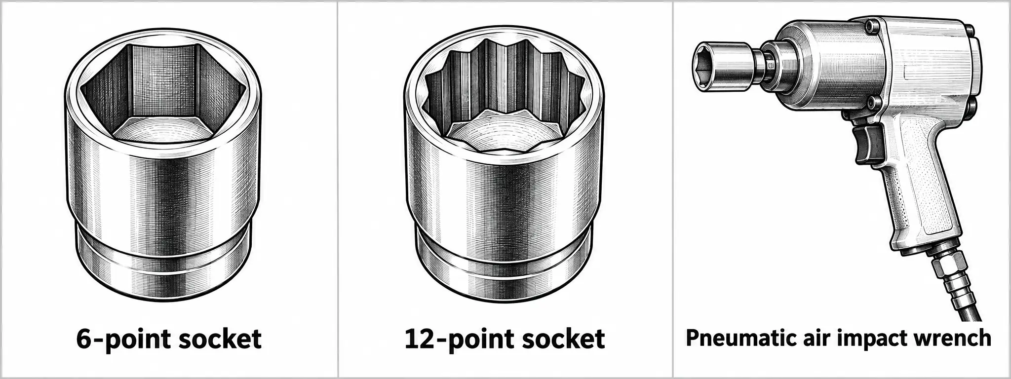 Three shop tools compared: a 6-point socket with a hexagonal interior, a 12-point socket with a finer notched interior, and a pneumatic air impact wrench with a socket attached and an air hose connector on its handle.