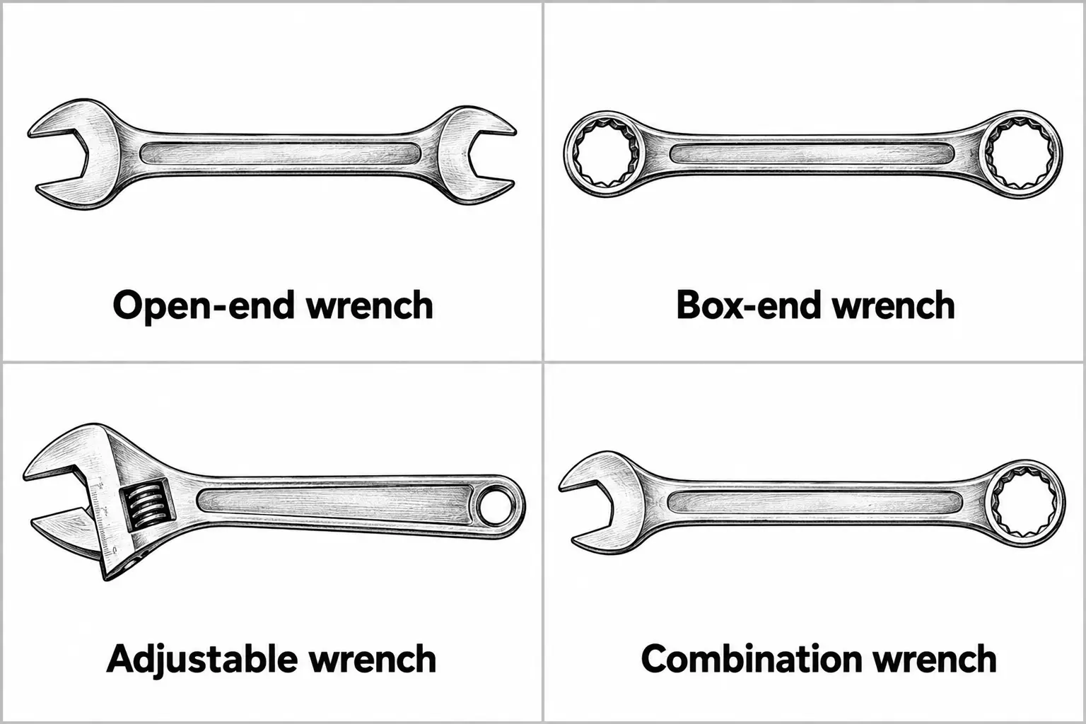 Four wrench types: open-end wrench with U-shaped jaws at both ends, box-end wrench with closed looped ends, adjustable wrench with a screw-adjustable jaw and fixed loop handle, and combination wrench with an open end on one side and a closed loop on the other.