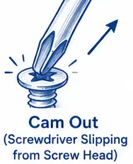 Illustration showing screwdriver cam-out from a fastener.