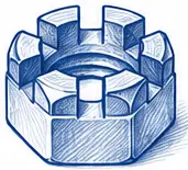 Castellated nut with slots for a cotter pin.
