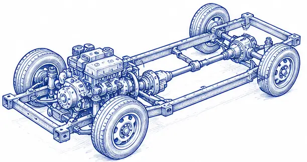 Vehicle chassis showing major structural components.
