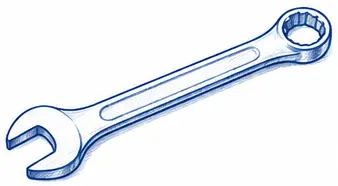 Combination wrench with open and box ends.