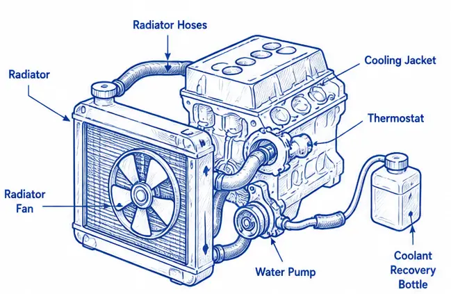 Engine cooling system components.