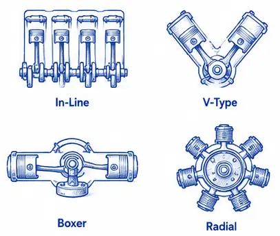 Common cylinder arrangements used in engines.