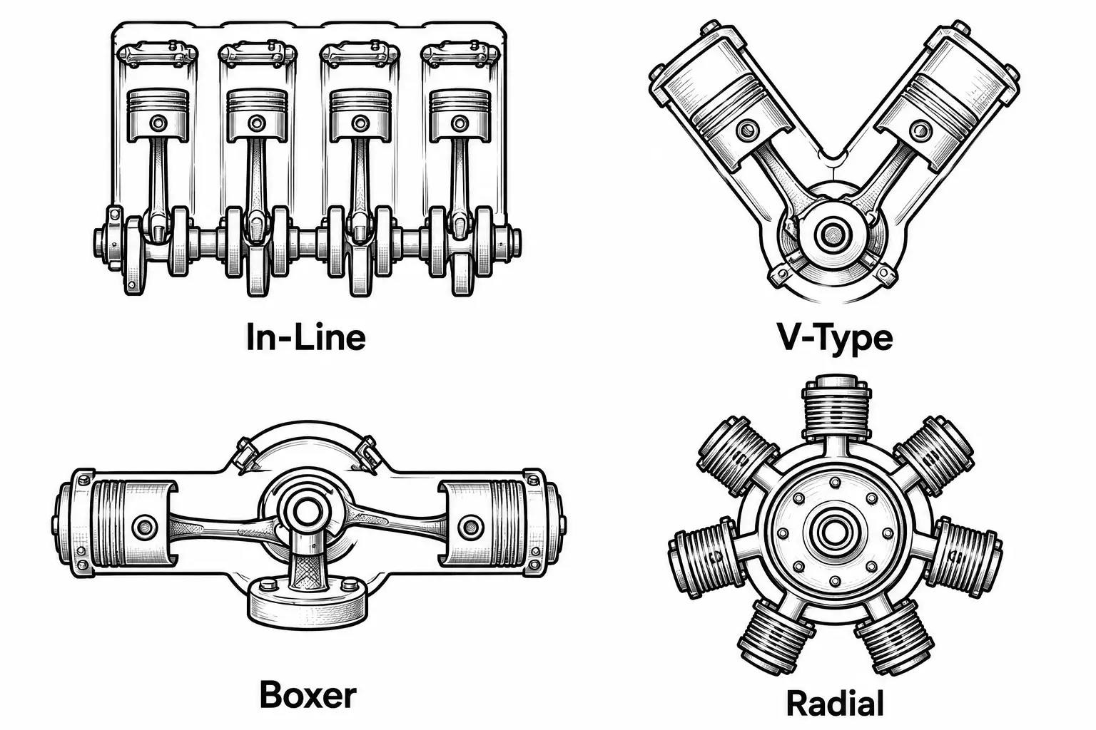 Four engine cylinder layouts: In-Line shows four pistons upright in a row sharing one crankshaft; V-Type shows two piston banks angled into a V meeting at the crankshaft; Boxer shows two pistons horizontally opposed on either side of the crankshaft; Radial shows multiple cylinders arranged in a circle around a central crankshaft.