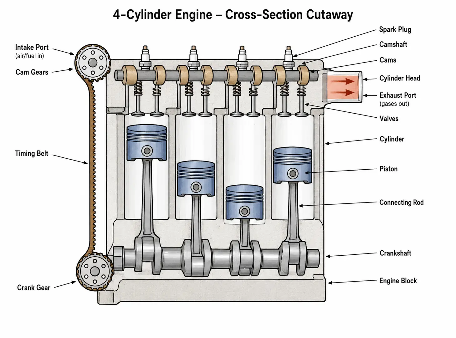 Cross-section diagram of a four-cylinder engine with labeled internal components.