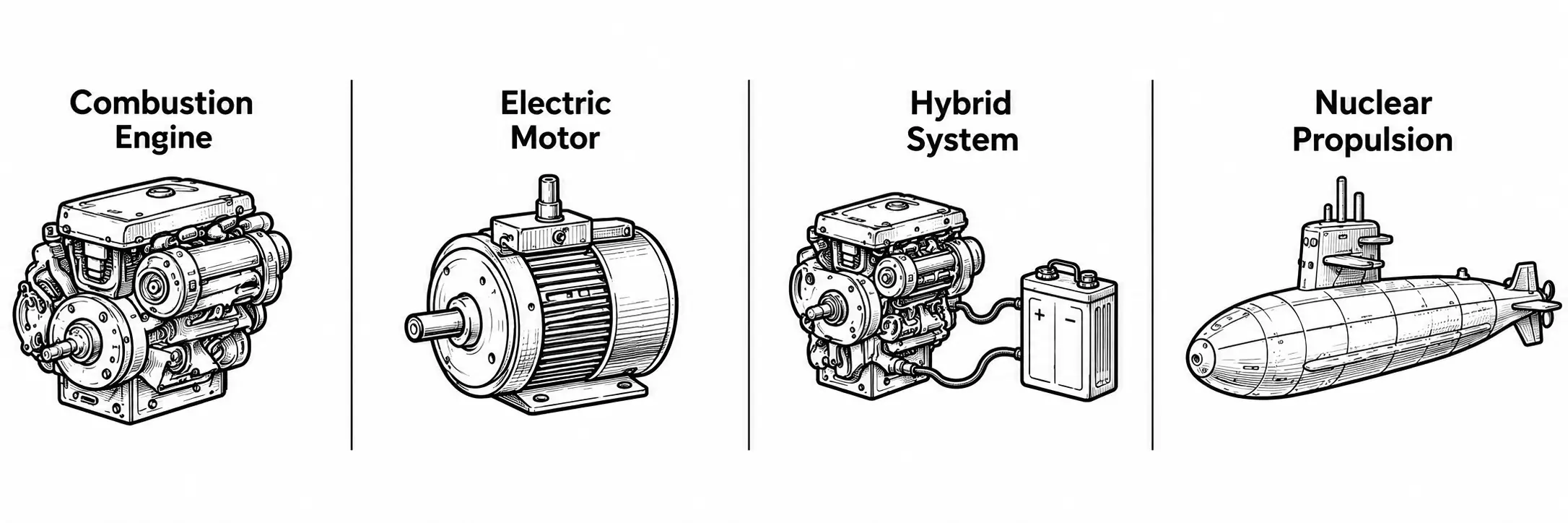 Four ways to power a vehicle, side by side: a combustion engine, an electric motor, a hybrid system with an engine wired to a battery, and a nuclear-powered submarine.