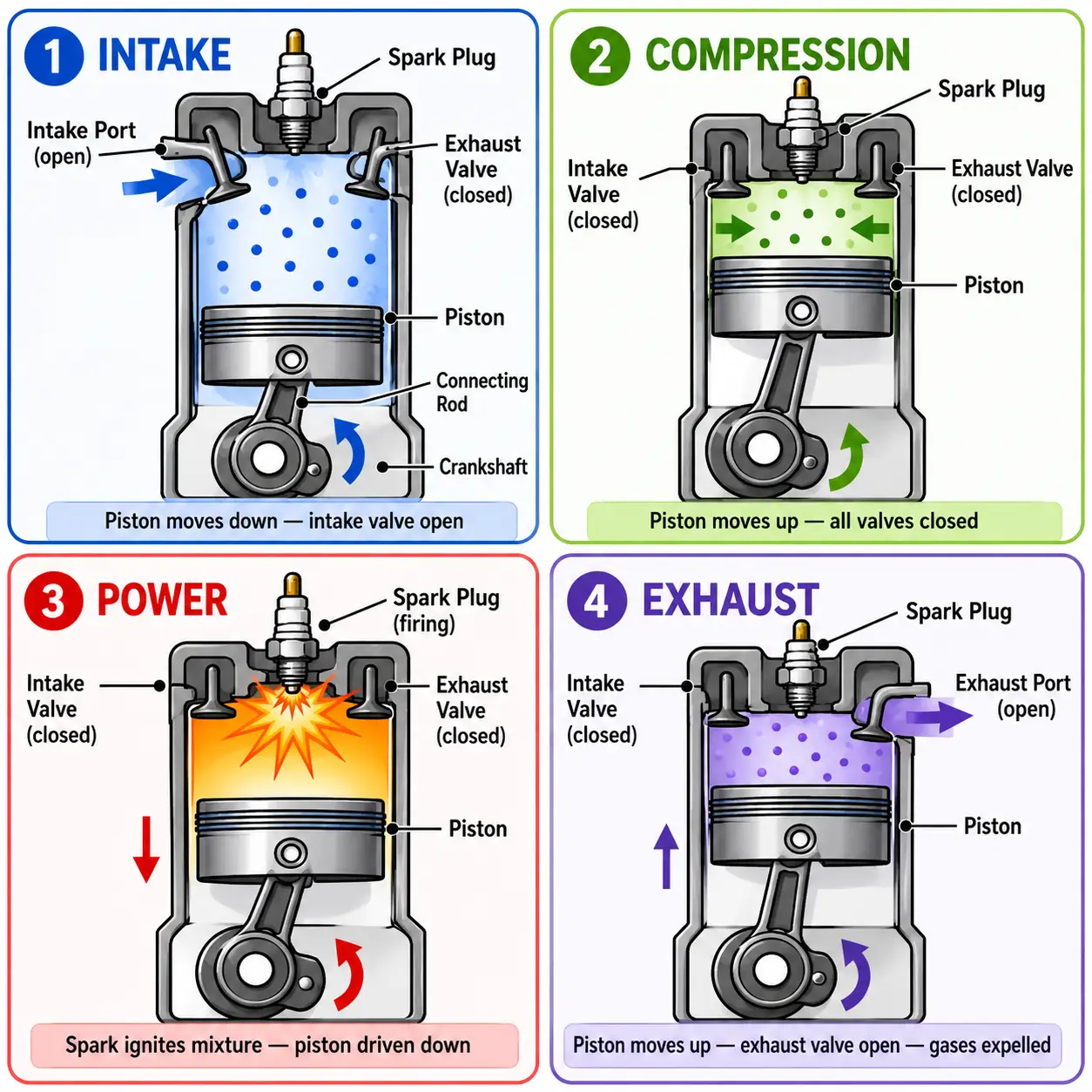 Four panels showing the stages of a four-stroke engine cycle.