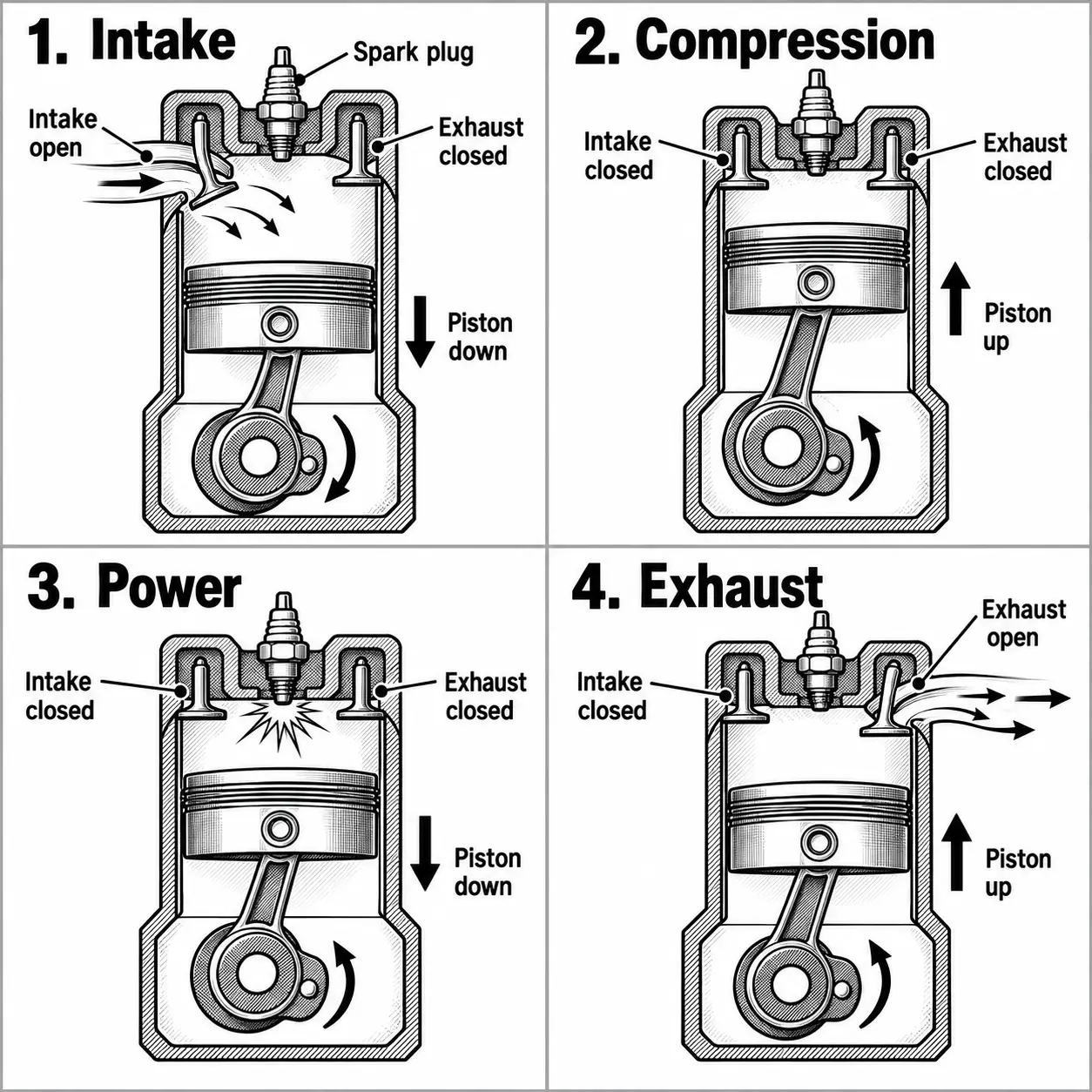 Four-stroke engine cycle: 1) Intake - intake valve open, exhaust closed, piston moves down drawing in air-fuel mixture. 2) Compression - both valves closed, piston moves up. 3) Power - both valves closed, spark plug fires, piston pushed down. 4) Exhaust - exhaust valve open, intake closed, piston moves up expelling gases.