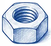 Hexagonal nut used with threaded fasteners.
