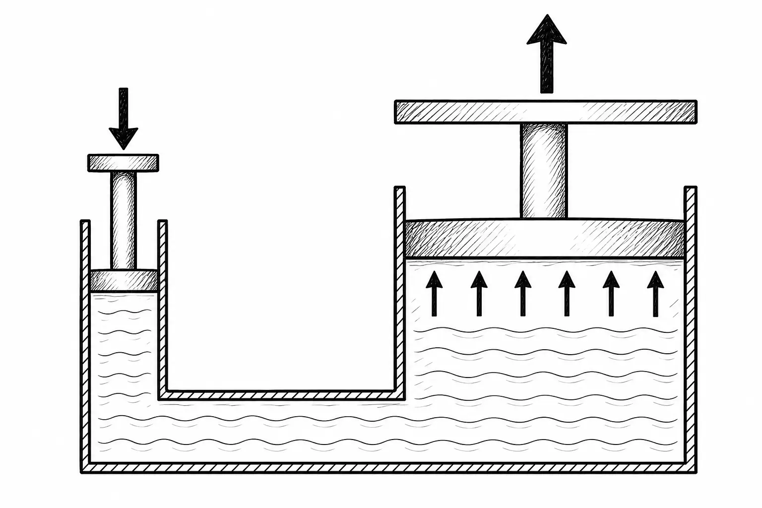 A closed container of fluid connects a narrow piston on the left, pushed down by a small force, to a wide piston on the right, which is pushed up with a larger force, illustrating how a small input force on a small piston creates a greater output force on a larger piston.