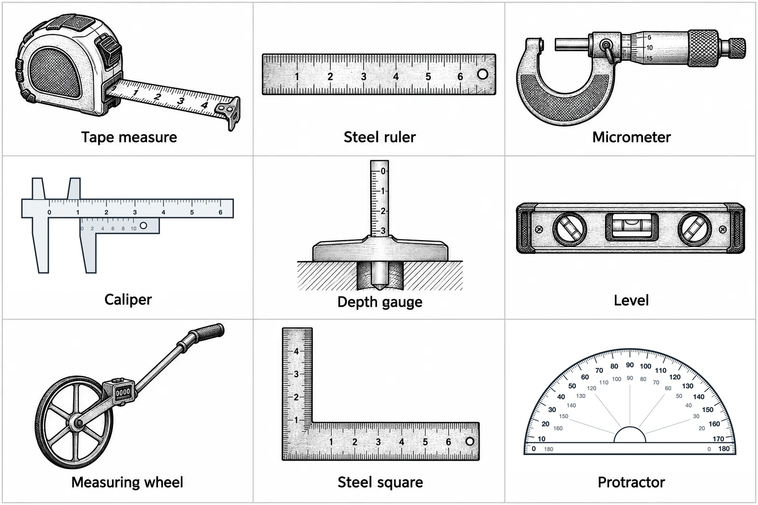 Nine labeled measuring tools: a tape measure, a steel ruler, a micrometer, a caliper with a main scale and a sliding vernier scale, a depth gauge, a level, a measuring wheel, a steel square, and a protractor marked from 0 to 180 degrees in both directions.