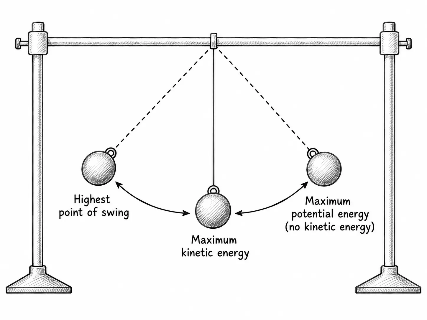A pendulum swings between two raised side positions, each labeled maximum potential energy with no kinetic energy, and the center bottom position, labeled maximum kinetic energy, showing energy converting between potential and kinetic as it swings.