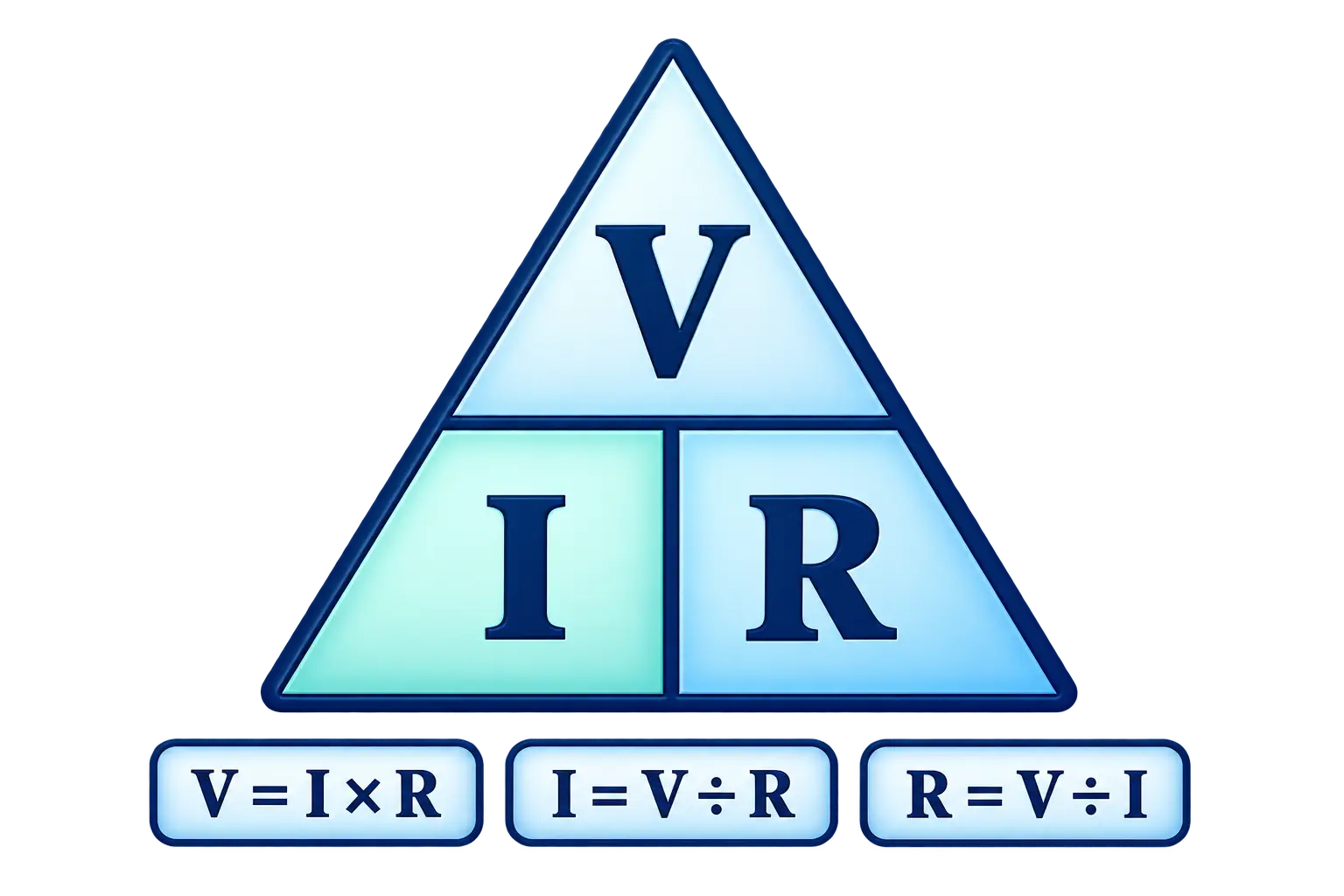 Triangle divided into V on top and I, R on bottom, giving Ohm's Law forms: V = I x R, I = V / R, R = V / I