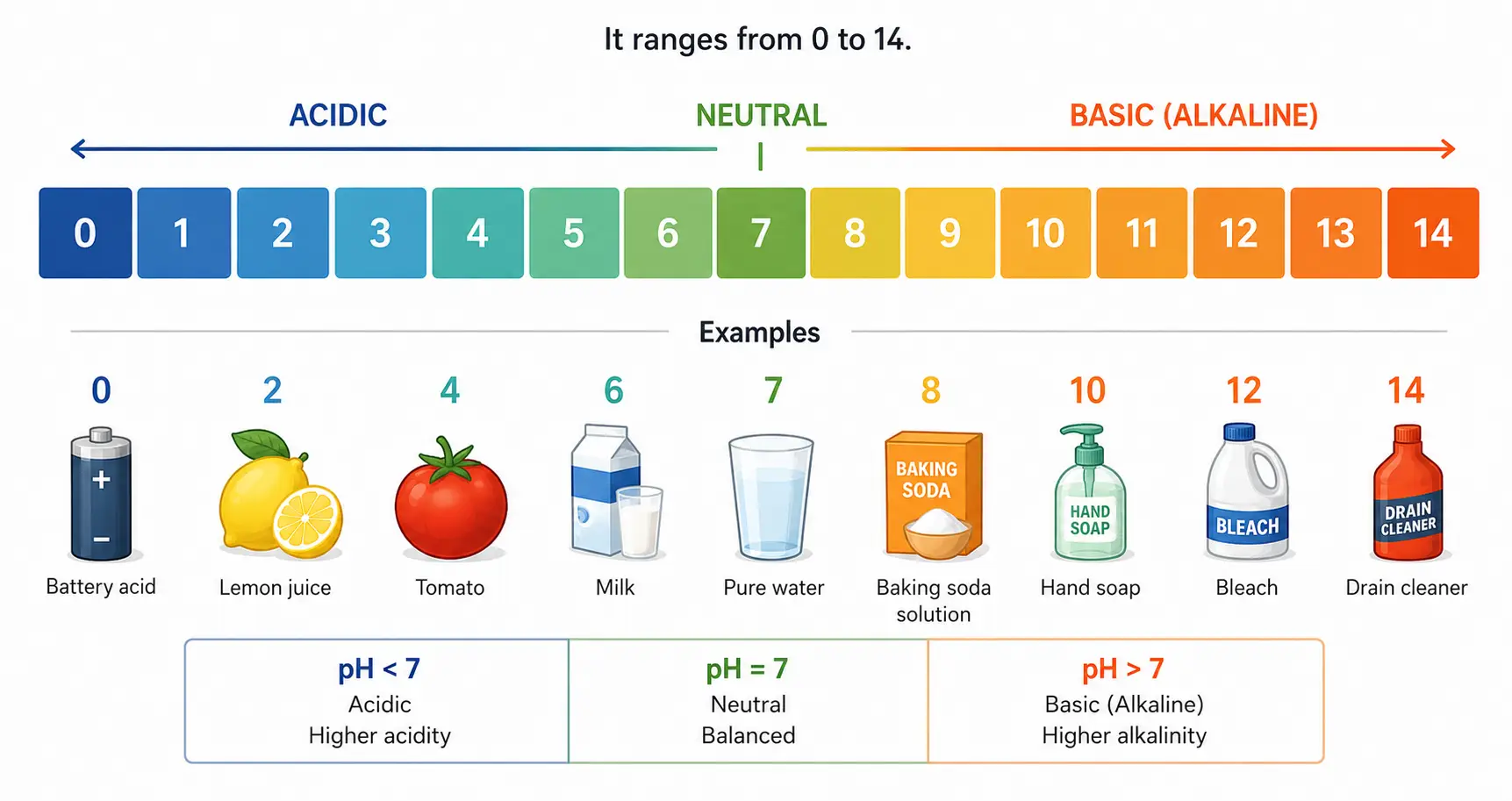 pH scale showing acidic, neutral, and basic substances.