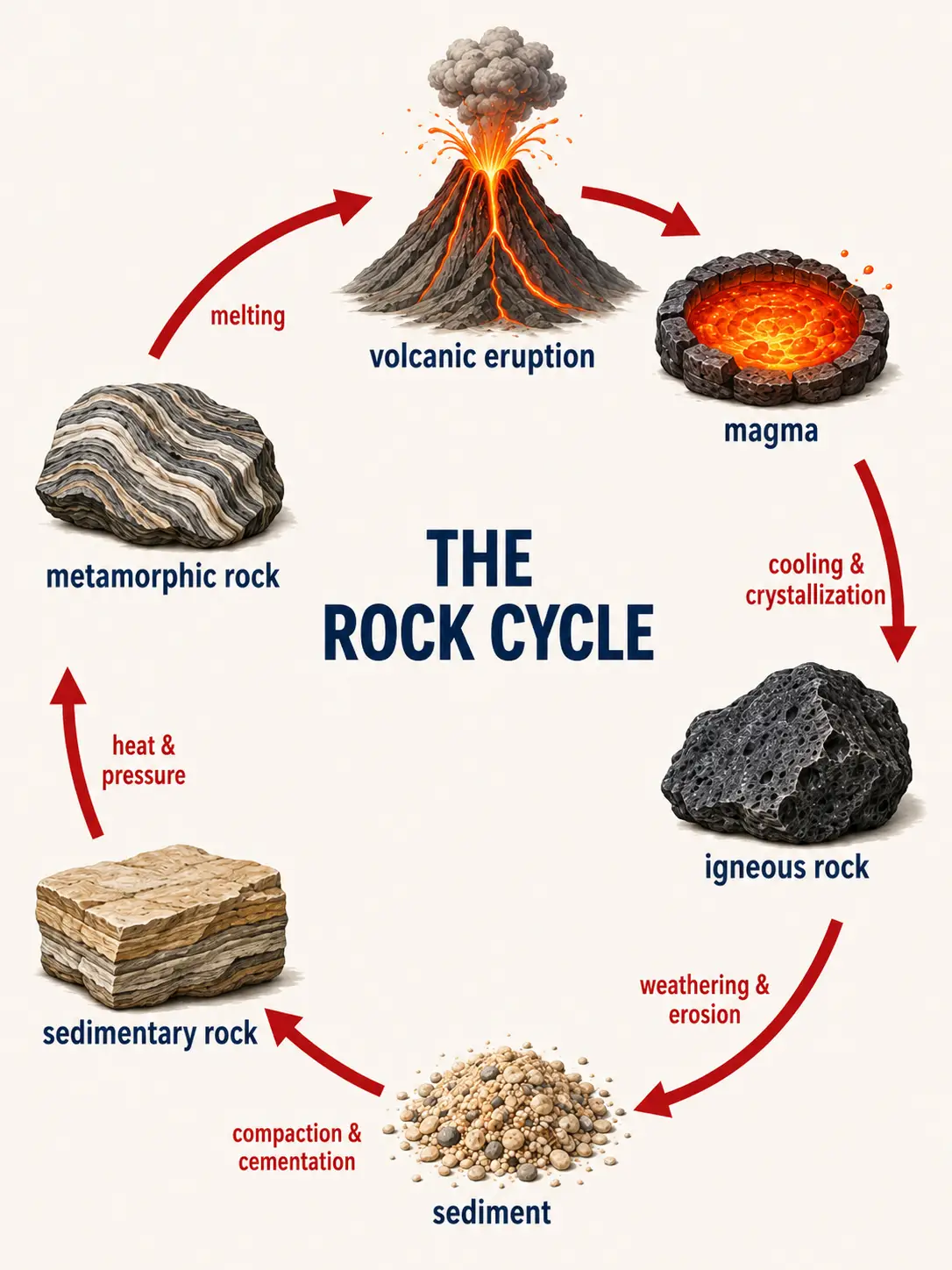 The processes that transform igneous, sedimentary, and metamorphic rocks.