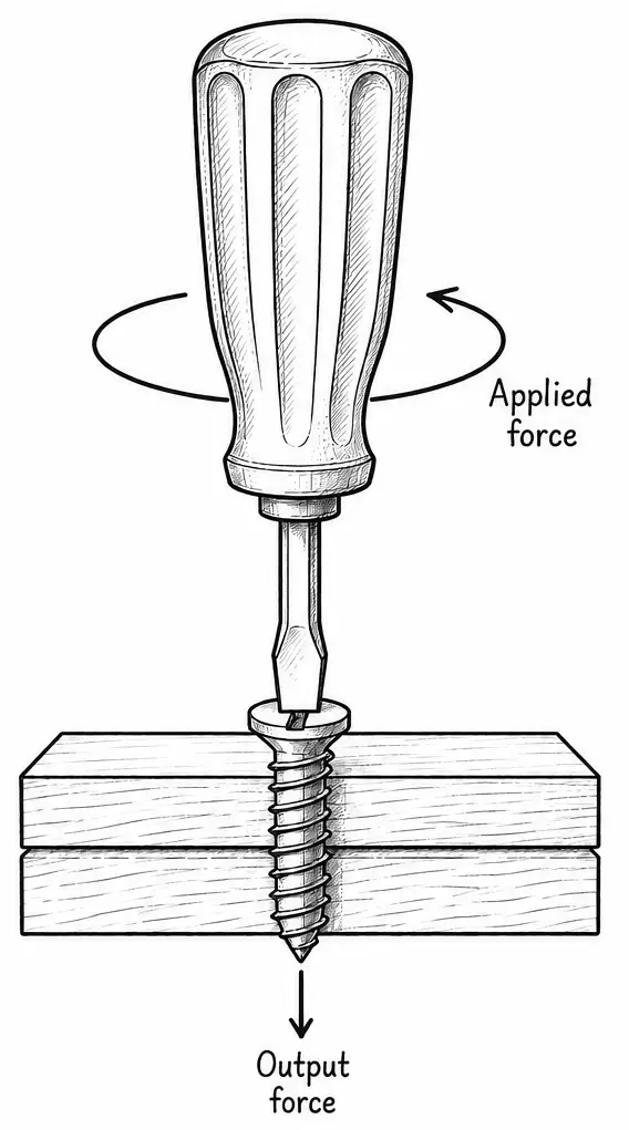 A screwdriver turning a screw into wood, with a curved arrow labeled Applied force showing rotation at the handle, and a downward arrow labeled Output force at the screw tip driving it into the material.